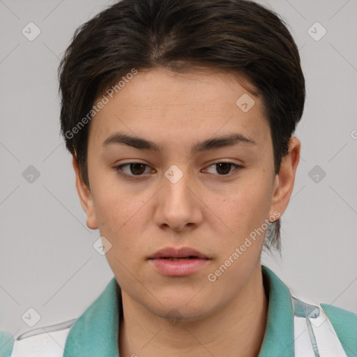 Neutral white young-adult female with short  brown hair and brown eyes