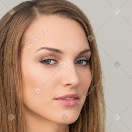 Neutral white young-adult female with long  brown hair and brown eyes