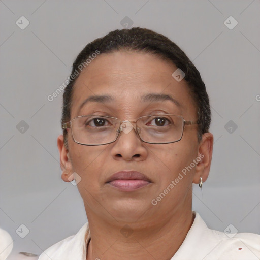 Neutral white adult female with short  brown hair and brown eyes