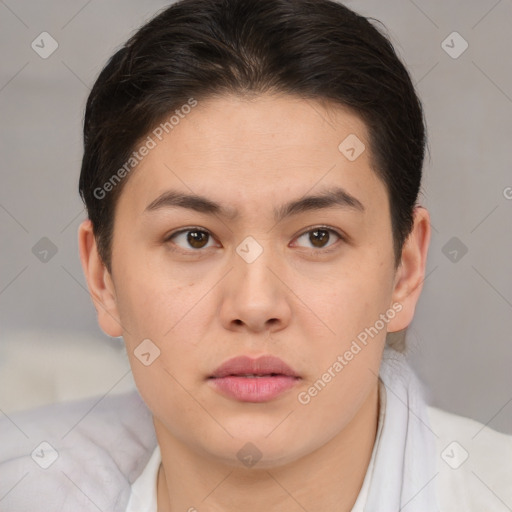 Neutral white young-adult female with short  brown hair and brown eyes