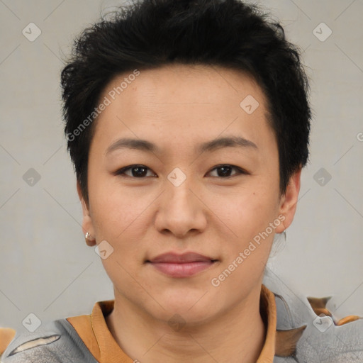 Joyful asian young-adult female with short  brown hair and brown eyes