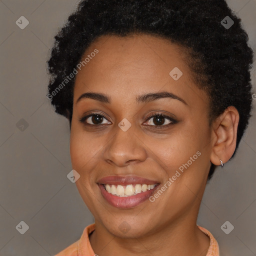 Joyful latino young-adult female with short  brown hair and brown eyes