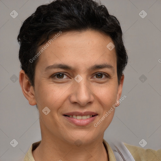 Joyful white adult female with short  brown hair and brown eyes