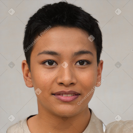 Joyful asian young-adult female with short  brown hair and brown eyes