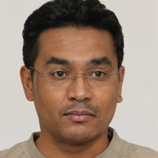 Neutral black adult male with short  black hair and brown eyes