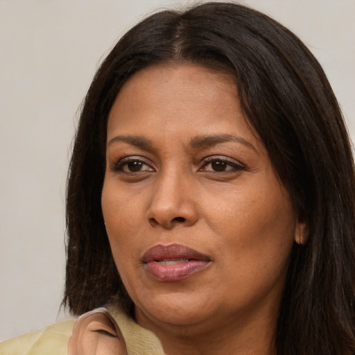 Joyful black adult female with long  brown hair and brown eyes