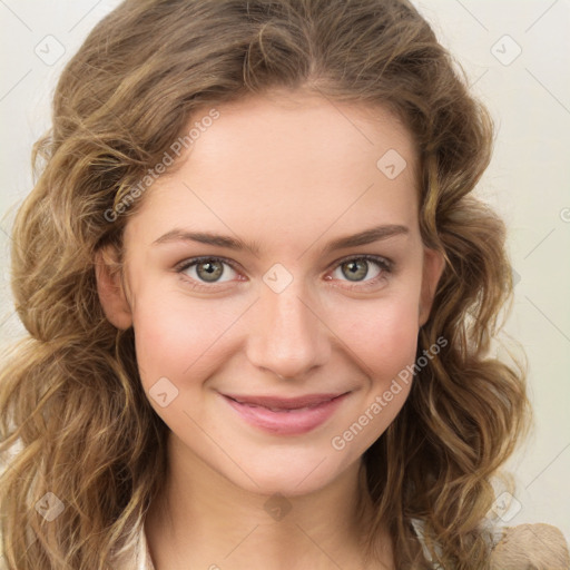 Joyful white young-adult female with medium  brown hair and green eyes