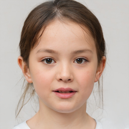 Joyful white child female with medium  brown hair and brown eyes