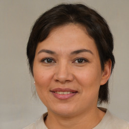 Joyful white adult female with medium  brown hair and brown eyes