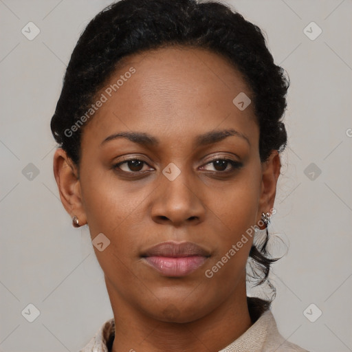 Neutral black young-adult female with short  black hair and brown eyes
