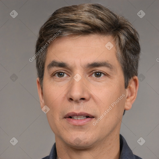 Neutral white adult male with short  brown hair and brown eyes