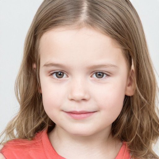 Neutral white child female with medium  brown hair and grey eyes