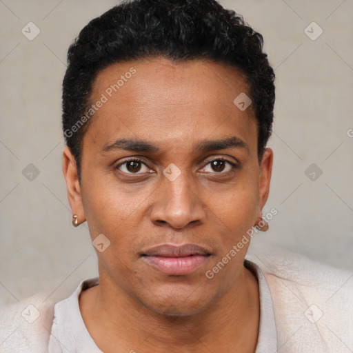 Joyful black young-adult male with short  black hair and brown eyes