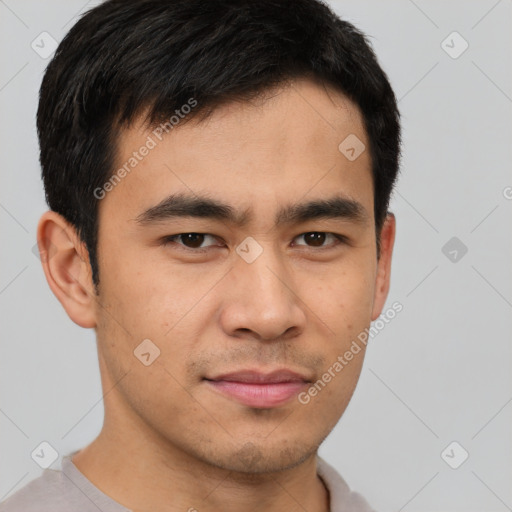 Neutral asian young-adult male with short  brown hair and brown eyes