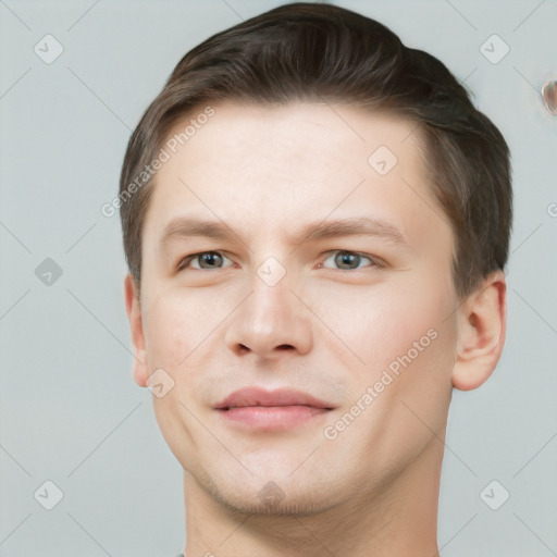 Neutral white young-adult male with short  brown hair and grey eyes