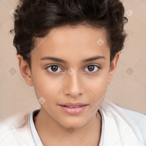 Joyful white child female with short  brown hair and brown eyes