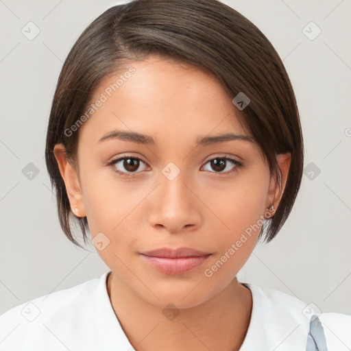 Neutral white young-adult female with medium  brown hair and brown eyes