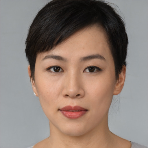 Neutral asian young-adult female with short  brown hair and brown eyes