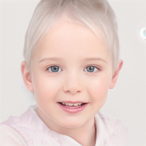 Joyful white child female with short  blond hair and blue eyes