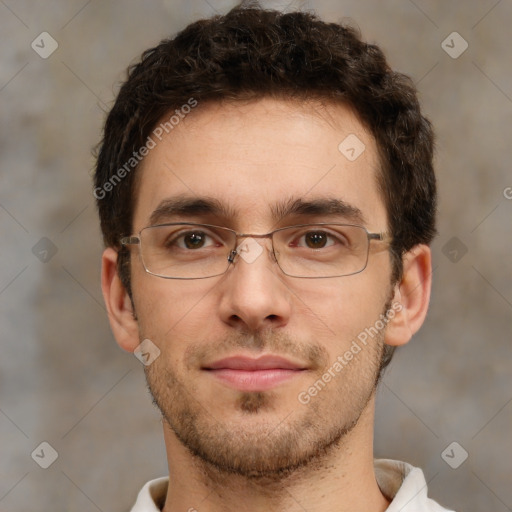 Neutral white young-adult male with short  brown hair and brown eyes