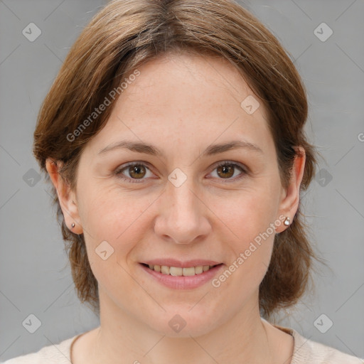 Joyful white young-adult female with medium  brown hair and blue eyes