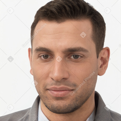 Joyful white young-adult male with short  brown hair and brown eyes