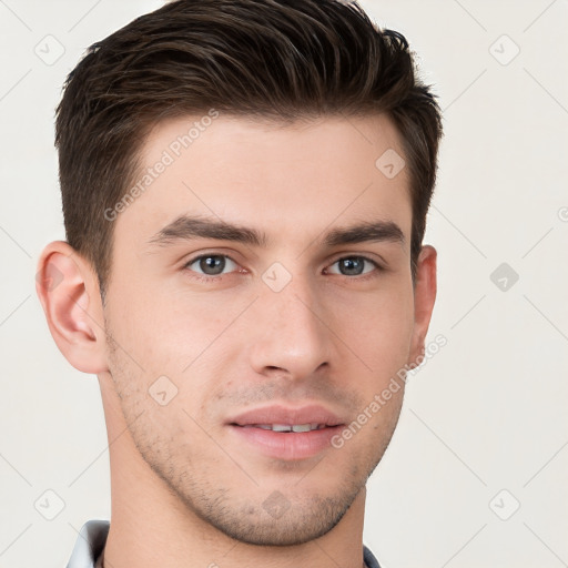 Neutral white young-adult male with short  brown hair and brown eyes