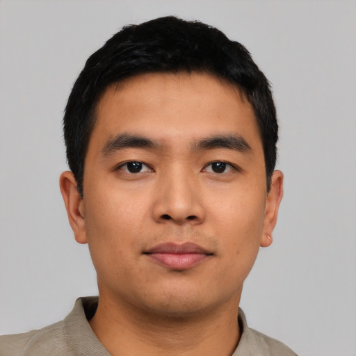 Neutral asian young-adult male with short  black hair and brown eyes