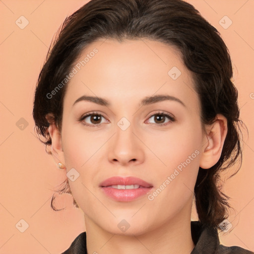 Neutral white young-adult female with medium  brown hair and brown eyes