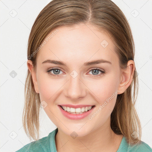 Joyful white young-adult female with medium  brown hair and blue eyes