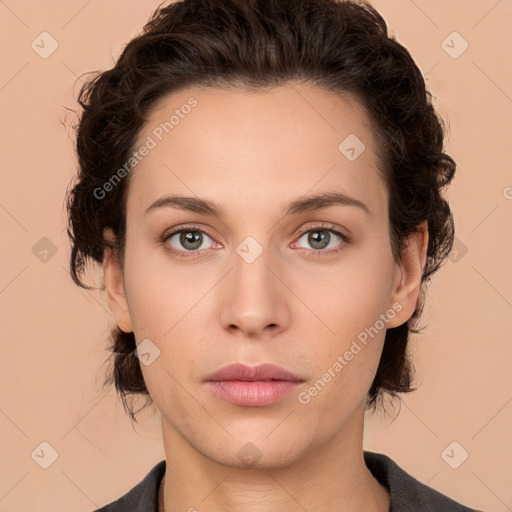 Neutral white young-adult female with medium  brown hair and brown eyes