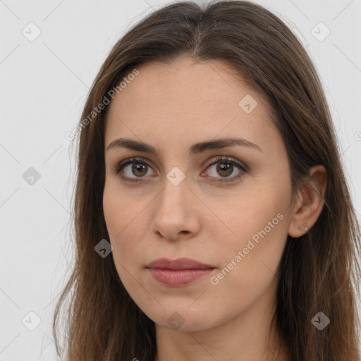 Neutral white young-adult female with long  brown hair and brown eyes