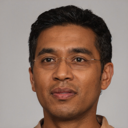 Neutral black adult male with short  black hair and brown eyes