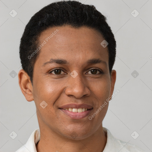 Joyful latino young-adult male with short  brown hair and brown eyes