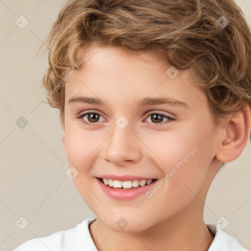 Joyful white child female with short  brown hair and brown eyes