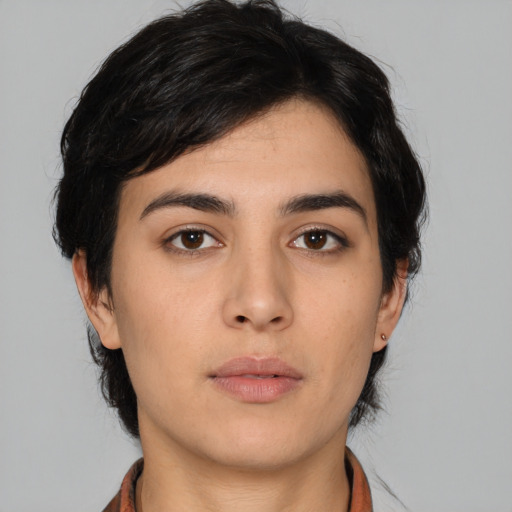 Neutral asian young-adult female with medium  black hair and brown eyes
