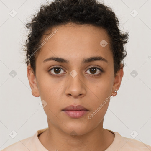 Neutral white young-adult female with short  brown hair and brown eyes