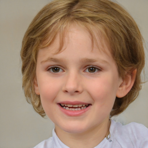 Joyful white child female with medium  brown hair and brown eyes