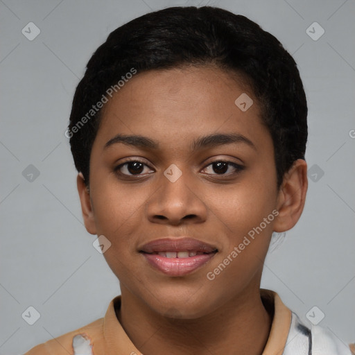 Joyful latino young-adult female with short  black hair and brown eyes