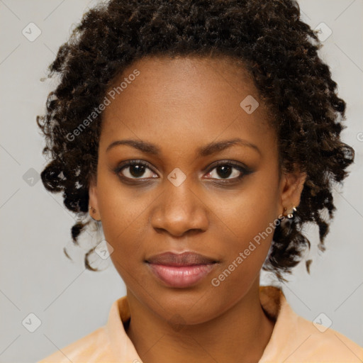 Neutral black young-adult female with medium  brown hair and brown eyes