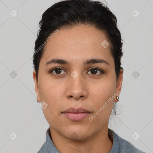 Neutral latino young-adult female with short  brown hair and brown eyes