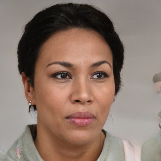 Neutral white adult female with medium  brown hair and brown eyes