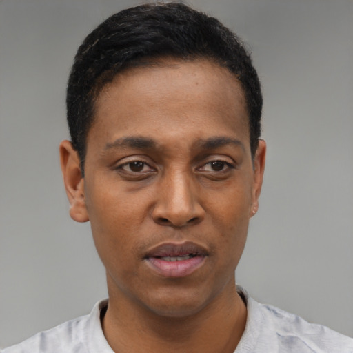 Neutral black young-adult male with short  black hair and brown eyes