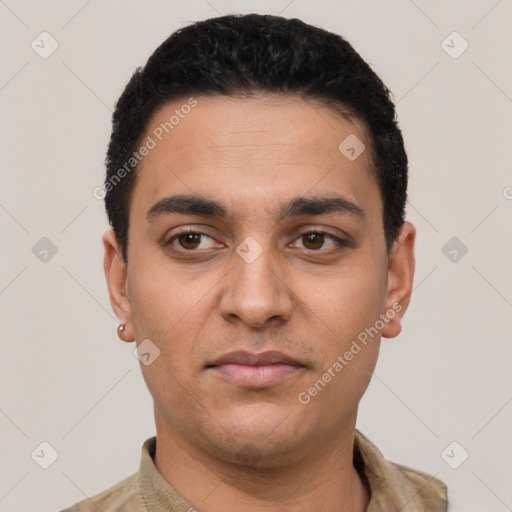 Neutral latino young-adult male with short  black hair and brown eyes