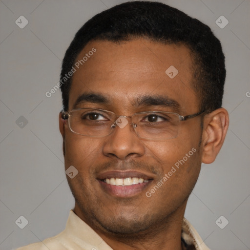 Joyful latino young-adult male with short  brown hair and brown eyes