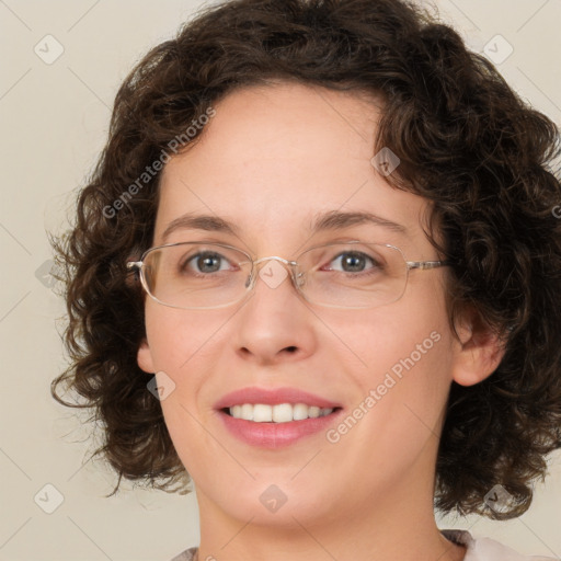 Joyful white young-adult female with medium  brown hair and green eyes