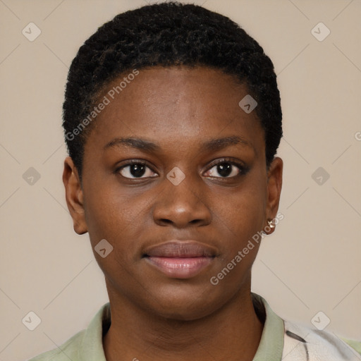 Neutral black young-adult female with short  black hair and brown eyes