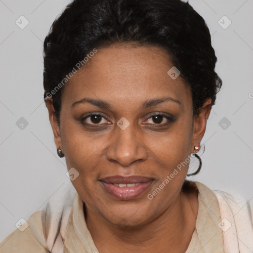 Joyful latino adult female with short  black hair and brown eyes