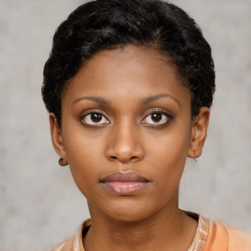 Neutral latino young-adult female with short  black hair and brown eyes