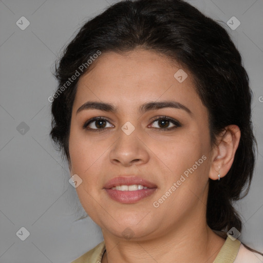 Joyful latino young-adult female with medium  brown hair and brown eyes